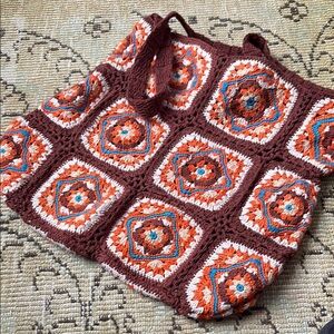Free People Brown and Orange Crochet Tote Bag